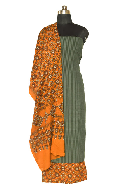 Ajrakh Cotton Natural Dye Kantha Work Bottom Screen Print Hand Printed Dress Material    -  SKU: ID24701K