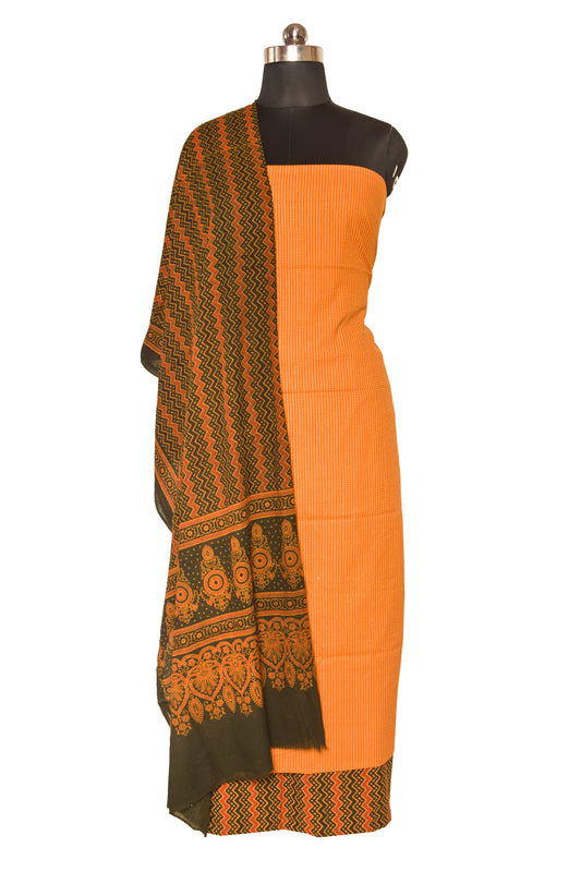 Ajrakh Cotton Natural Dye Kantha Work Bottom Screen Print Hand Printed Dress Material    -  SKU: ID24701P