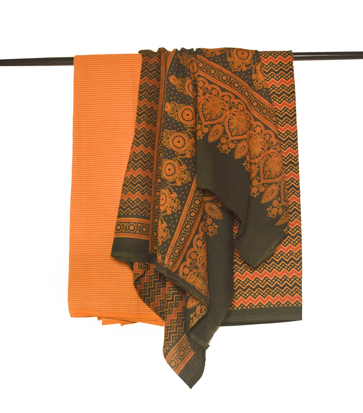 Ajrakh Cotton Natural Dye Kantha Work Bottom Screen Print Hand Printed Dress Material    -  SKU: ID24701P