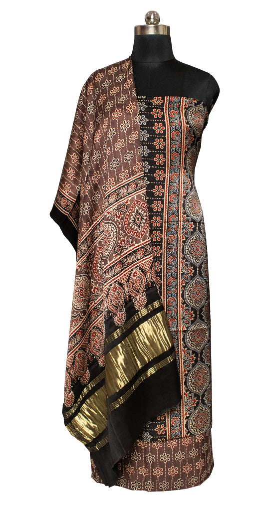 Ajrakh Modal Silk Natural Dye Hand Block Print Dress Material with Jari Border Dupatta     -  SKU : ID16401E