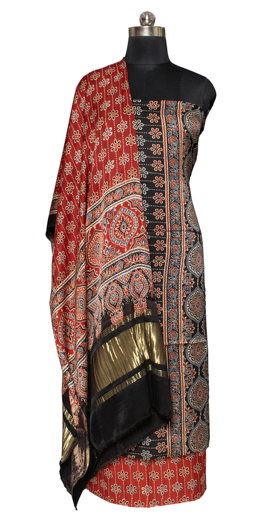 Ajrakh Modal Silk Natural Dye Hand Block Print Dress Material with Jari Border Dupatta     -  SKU : ID16401C