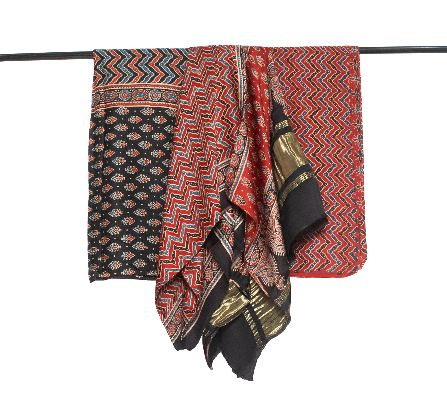 Ajrakh Modal Silk Natural Dye Hand Block Print Dress Material with Jari Border Dupatta     -  SKU : ID16401G