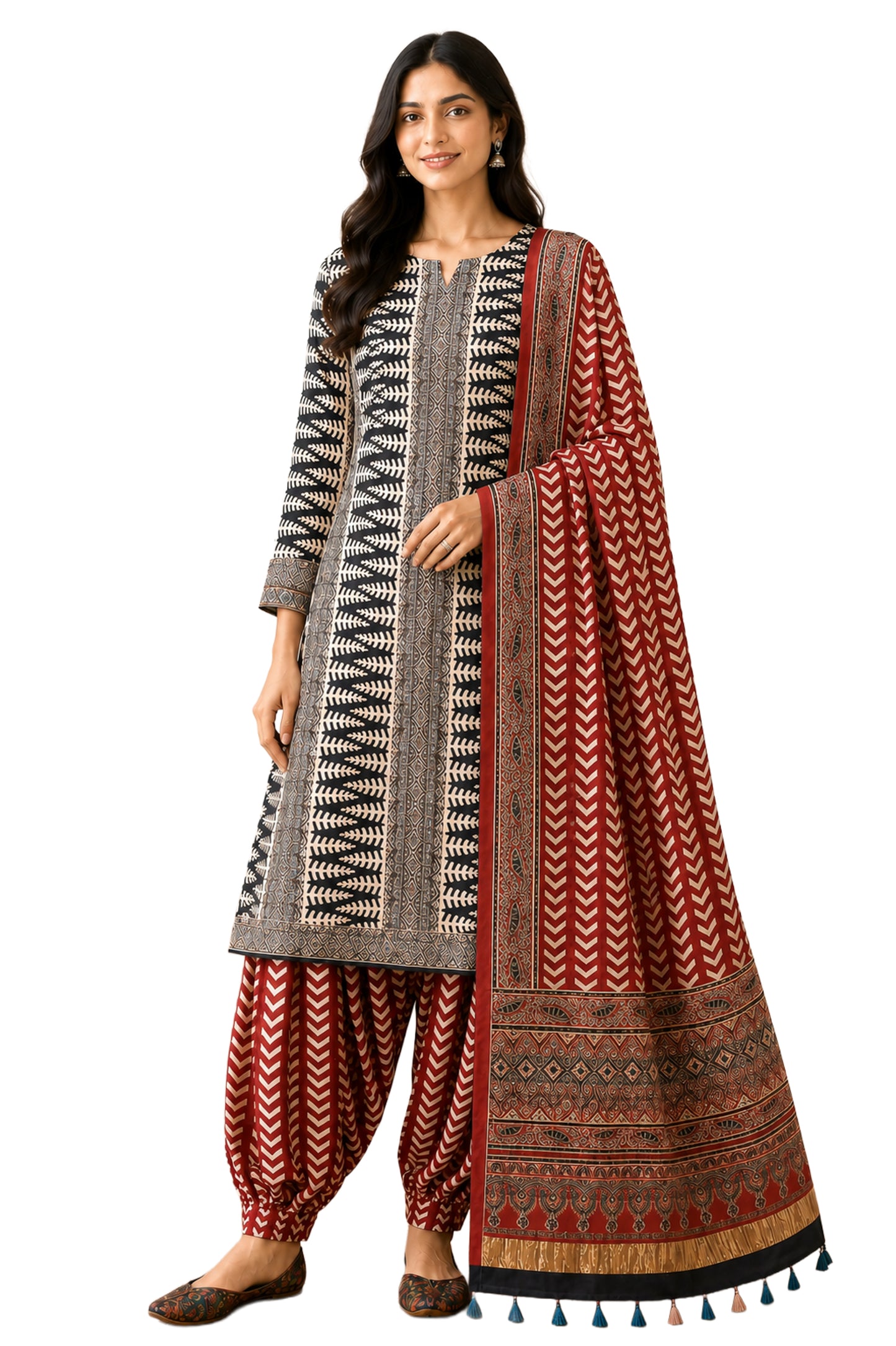 Ajrakh Modal Silk Natural Dye Hand Block Print Dress Material with Golden Border Dupatta - with Tassels - 2.5 Mt Top   -  SKU : AI02501E