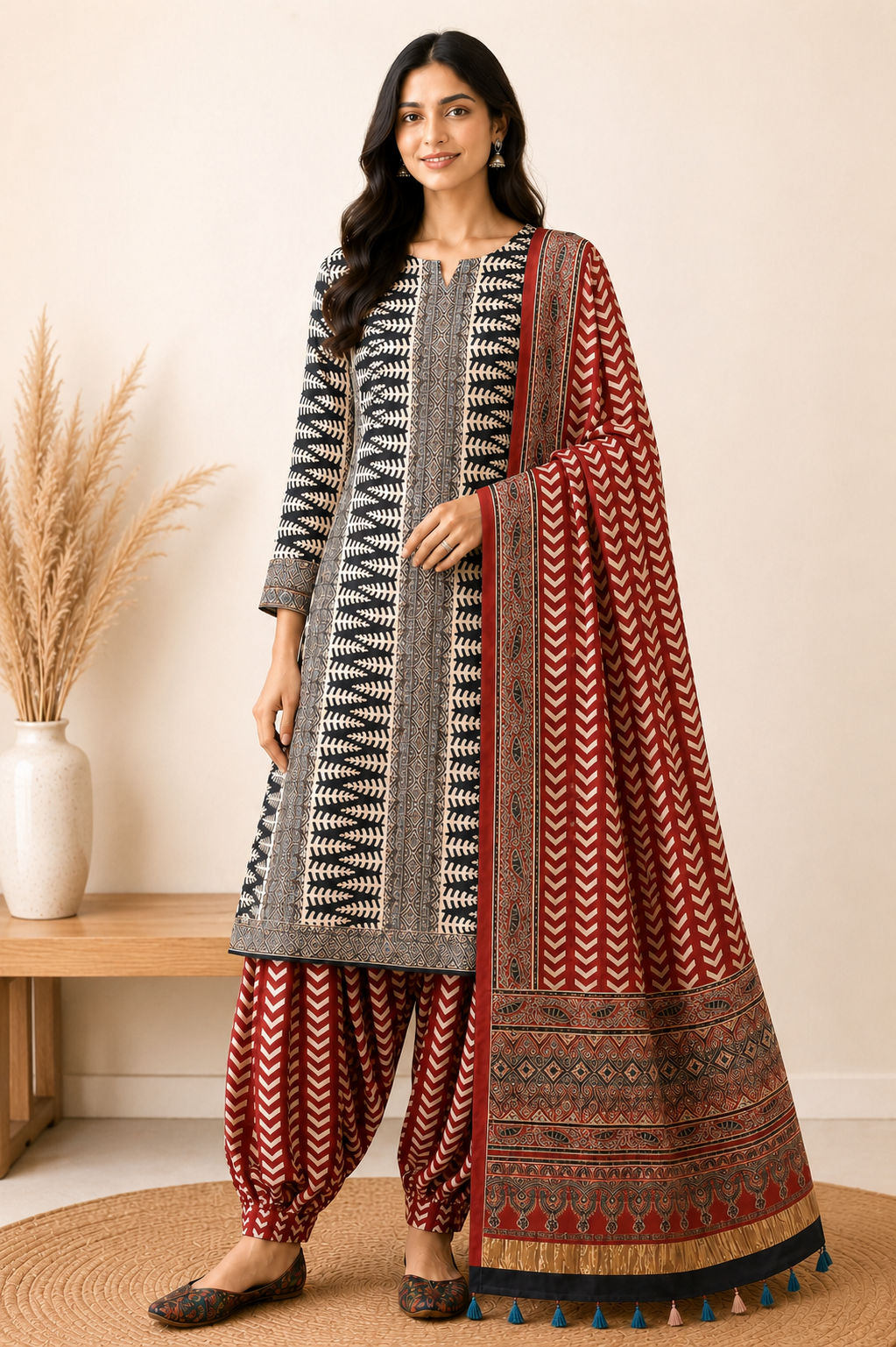 Ajrakh Modal Silk Natural Dye Hand Block Print Dress Material with Golden Border Dupatta - with Tassels - 2.5 Mt Top   -  SKU : AI02501E