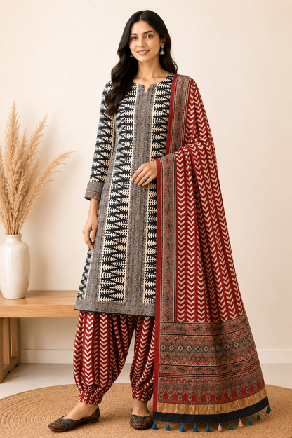 Ajrakh Modal Silk Natural Dye Hand Block Print Dress Material with Golden Border Dupatta - with Tassels - 2.5 Mt Top   -  SKU : AI02501E