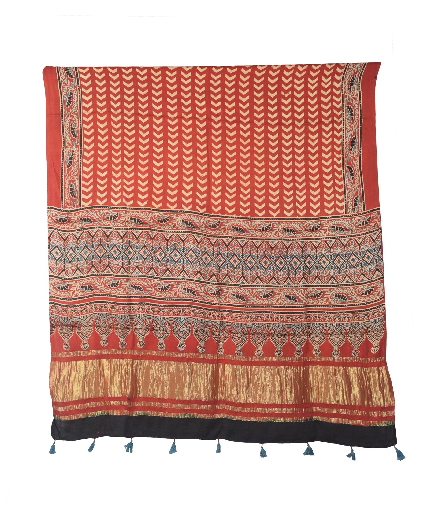 Ajrakh Modal Silk Natural Dye Hand Block Print Dress Material with Golden Border Dupatta - with Tassels - 2.5 Mt Top   -  SKU : AI02501E