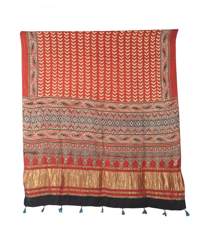 Ajrakh Modal Silk Natural Dye Hand Block Print Dress Material with Golden Border Dupatta - with Tassels - 2.5 Mt Top   -  SKU : AI02501E