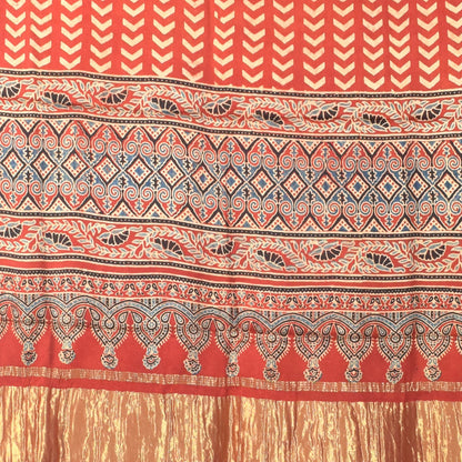 Ajrakh Modal Silk Natural Dye Hand Block Print Dress Material with Golden Border Dupatta - with Tassels - 2.5 Mt Top   -  SKU : AI02501E