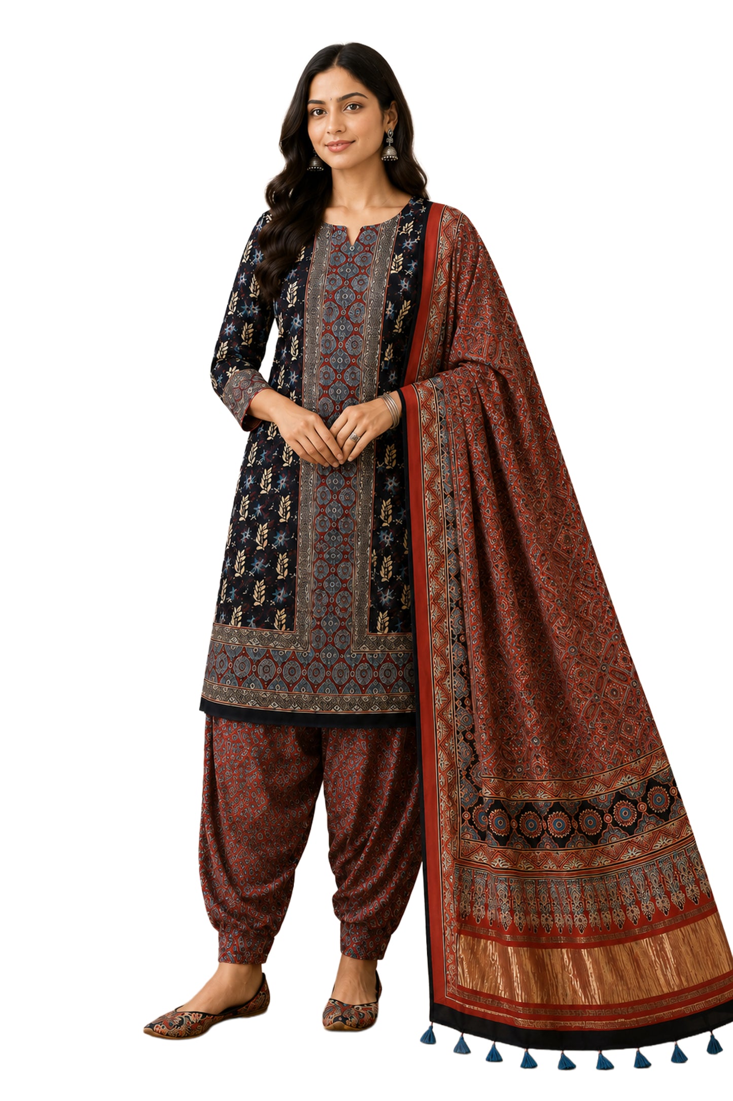 Ajrakh Modal Silk Natural Dye Hand Block Print Dress Material with Golden Border Dupatta - with Tassels - 2.5 Mt Top   -  SKU : AI02501J