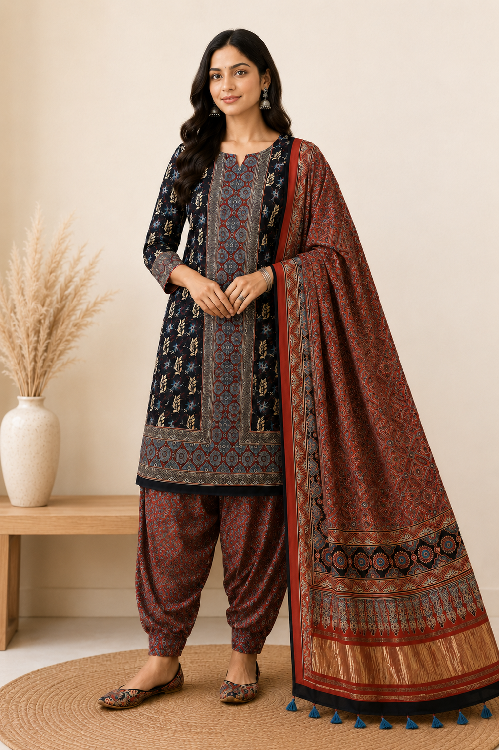 Ajrakh Modal Silk Natural Dye Hand Block Print Dress Material with Golden Border Dupatta - with Tassels - 2.5 Mt Top   -  SKU : AI02501J