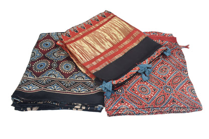 Ajrakh Modal Silk Natural Dye Hand Block Print Dress Material with Golden Border Dupatta - with Tassels - 2.5 Mt Top   -  SKU : AI02501J