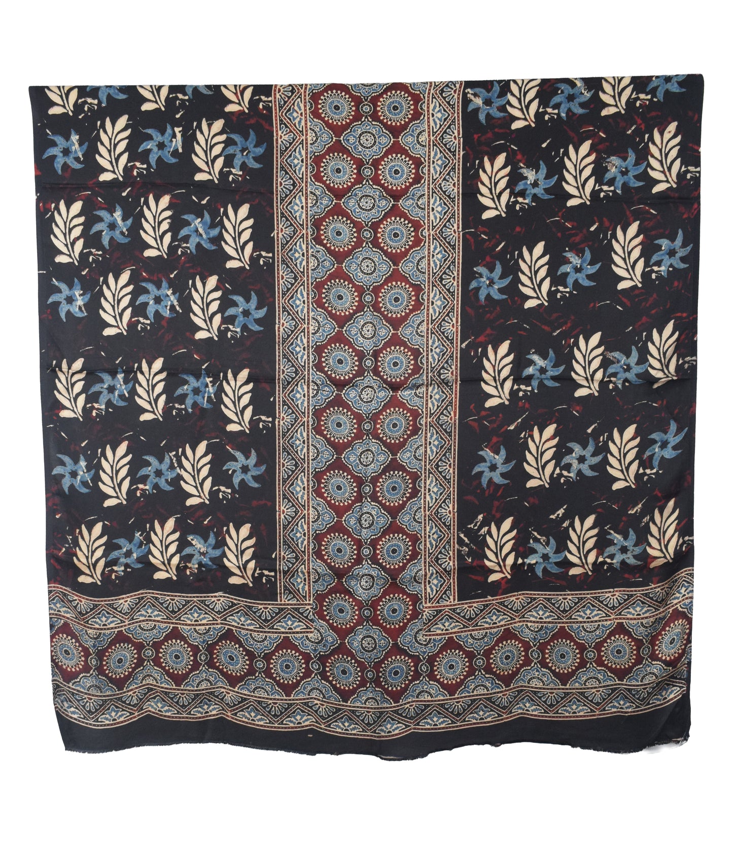 Ajrakh Modal Silk Natural Dye Hand Block Print Dress Material with Golden Border Dupatta - with Tassels - 2.5 Mt Top   -  SKU : AI02501J