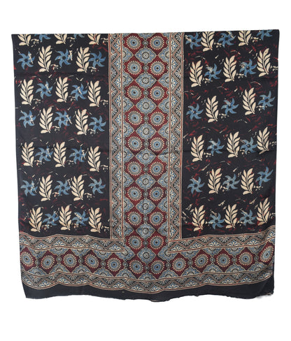 Ajrakh Modal Silk Natural Dye Hand Block Print Dress Material with Golden Border Dupatta - with Tassels - 2.5 Mt Top   -  SKU : AI02501J