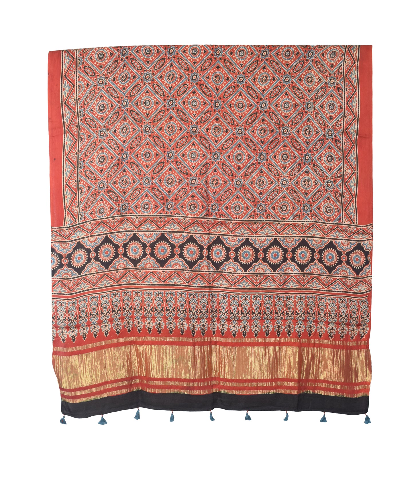Ajrakh Modal Silk Natural Dye Hand Block Print Dress Material with Golden Border Dupatta - with Tassels - 2.5 Mt Top   -  SKU : AI02501J