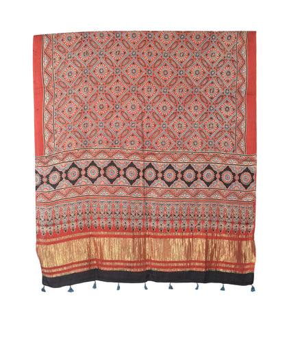 Ajrakh Modal Silk Natural Dye Hand Block Print Dress Material with Golden Border Dupatta - with Tassels - 2.5 Mt Top   -  SKU : AI02501J