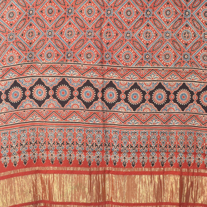 Ajrakh Modal Silk Natural Dye Hand Block Print Dress Material with Golden Border Dupatta - with Tassels - 2.5 Mt Top   -  SKU : AI02501J