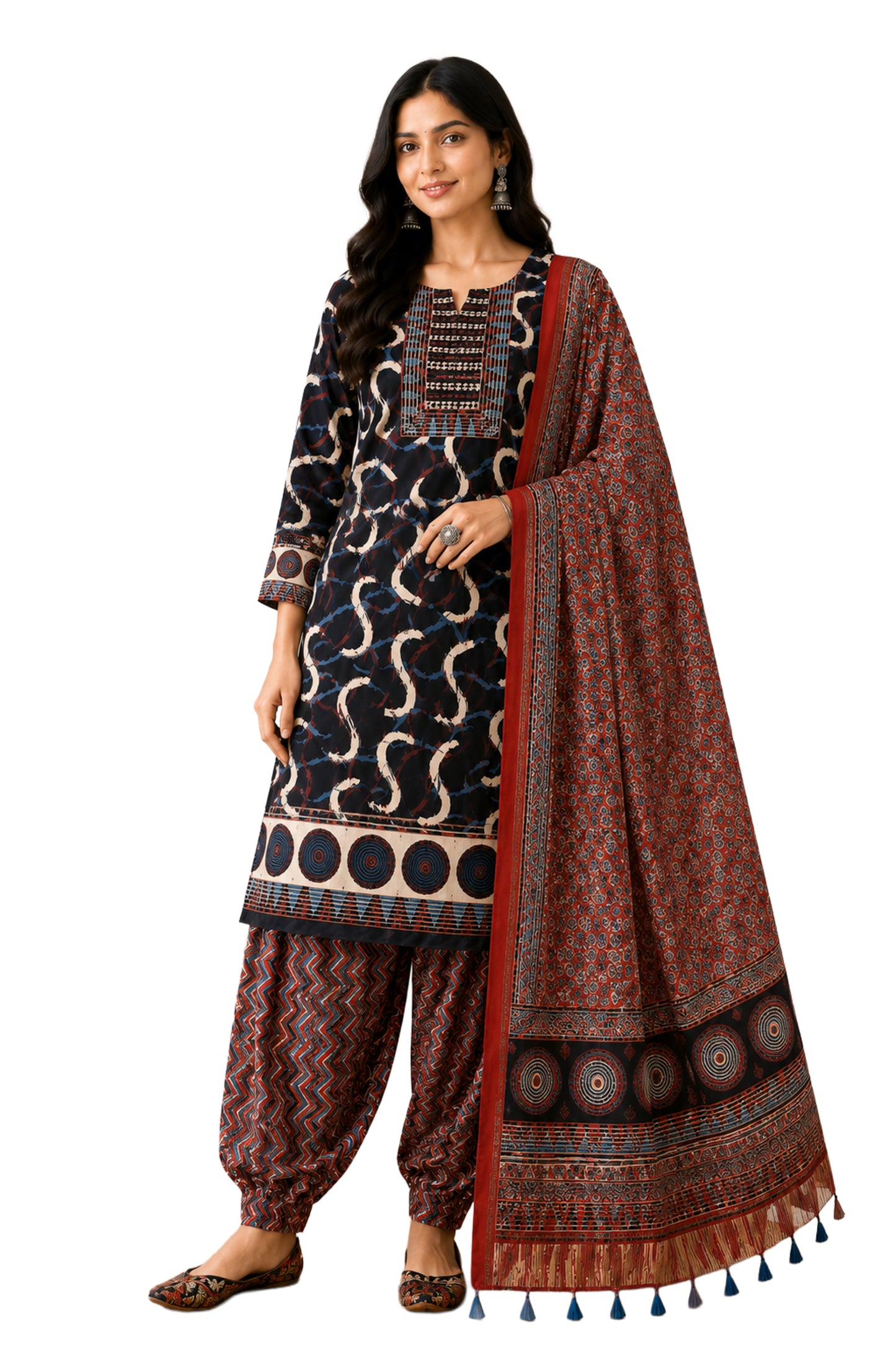 Ajrakh Modal Silk Natural Dye Hand Block Print Dress Material with Golden Border Dupatta - with Tassels - 2.5 Mt Top   -  SKU : AI02501O