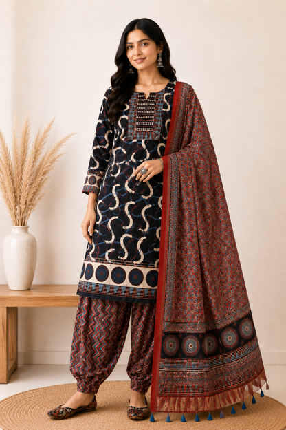 Ajrakh Modal Silk Natural Dye Hand Block Print Dress Material with Golden Border Dupatta - with Tassels - 2.5 Mt Top   -  SKU : AI02501O