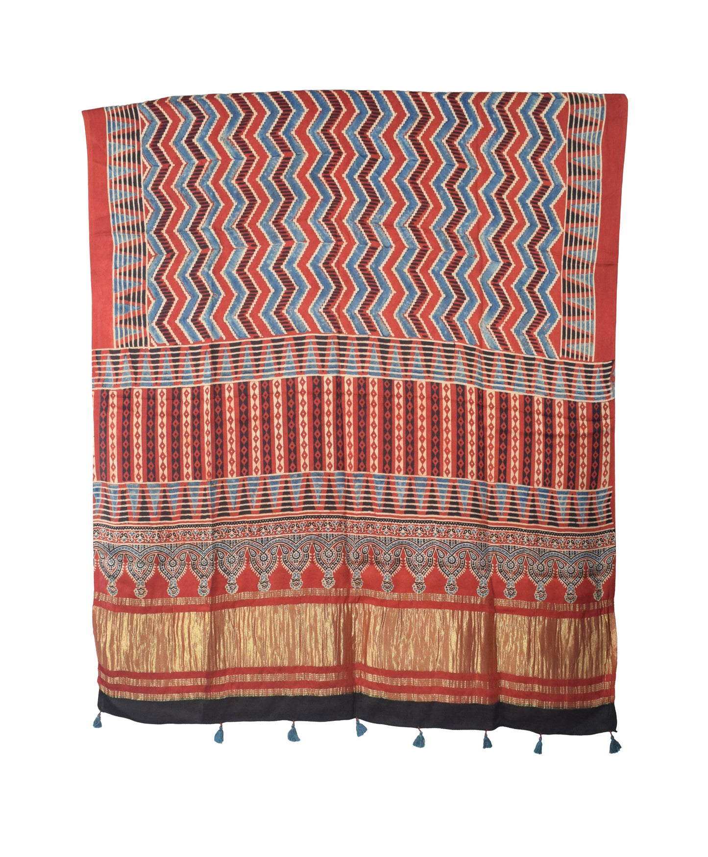 Ajrakh Modal Silk Natural Dye Hand Block Print Dress Material with Golden Border Dupatta - with Tassels - 2.5 Mt Top   -  SKU : AI02501O