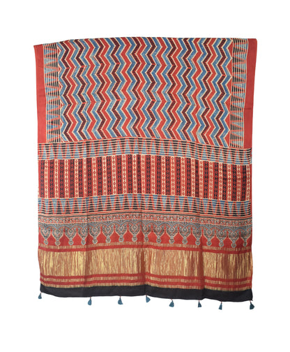 Ajrakh Modal Silk Natural Dye Hand Block Print Dress Material with Golden Border Dupatta - with Tassels - 2.5 Mt Top   -  SKU : AI02501O