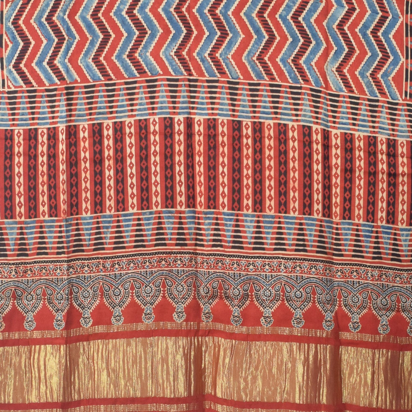 Ajrakh Modal Silk Natural Dye Hand Block Print Dress Material with Golden Border Dupatta - with Tassels - 2.5 Mt Top   -  SKU : AI02501O