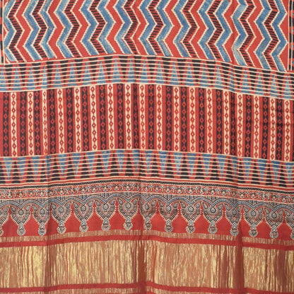 Ajrakh Modal Silk Natural Dye Hand Block Print Dress Material with Golden Border Dupatta - with Tassels - 2.5 Mt Top   -  SKU : AI02501O