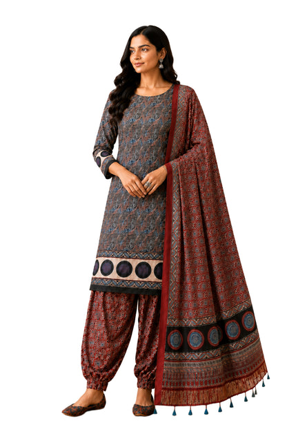 Ajrakh Modal Silk Natural Dye Hand Block Print Dress Material with Golden Border Dupatta - with Tassels - 2.5 Mt Top   -  SKU : AI02501T
