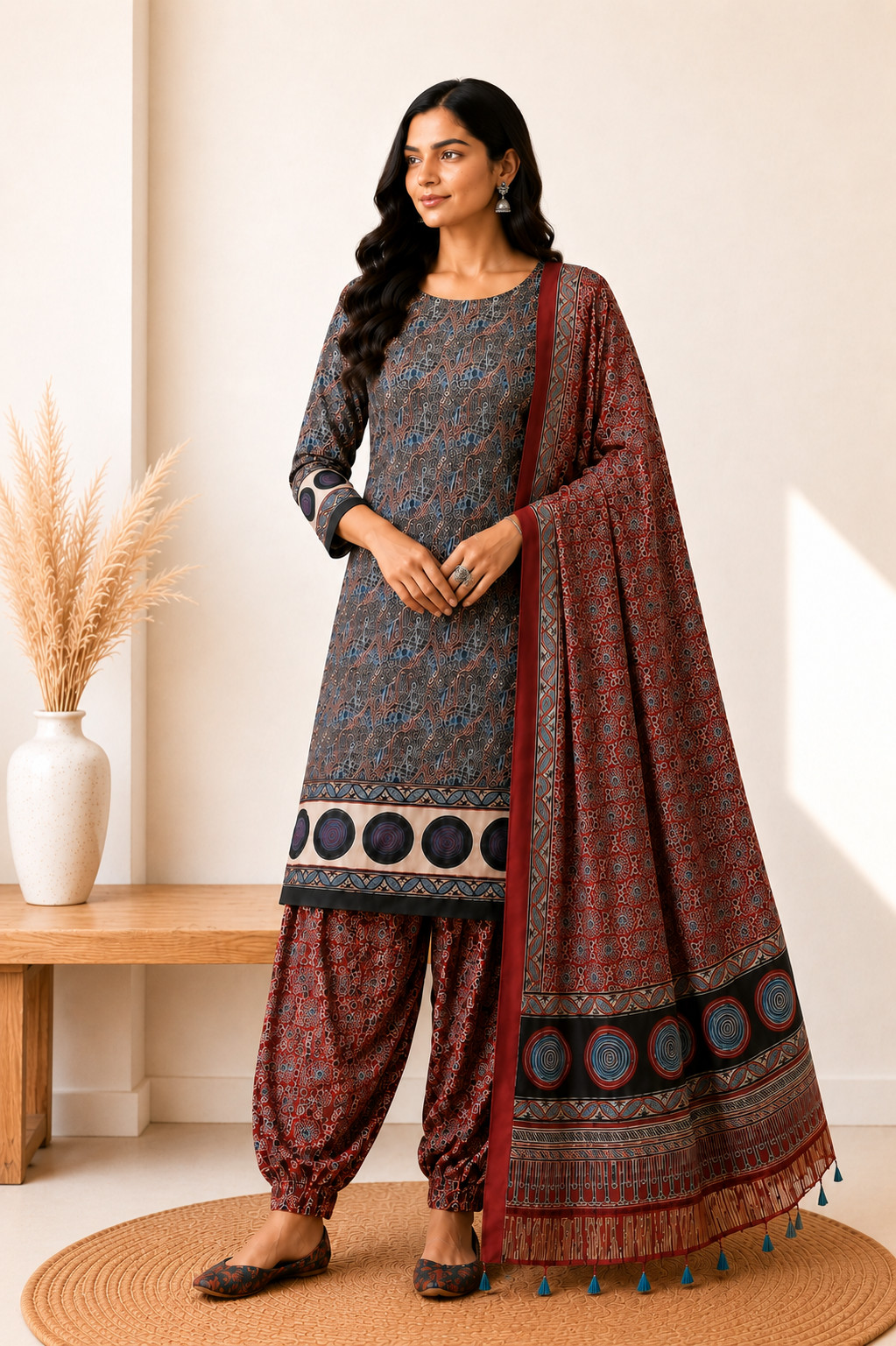 Ajrakh Modal Silk Natural Dye Hand Block Print Dress Material with Golden Border Dupatta - with Tassels - 2.5 Mt Top   -  SKU : AI02501T