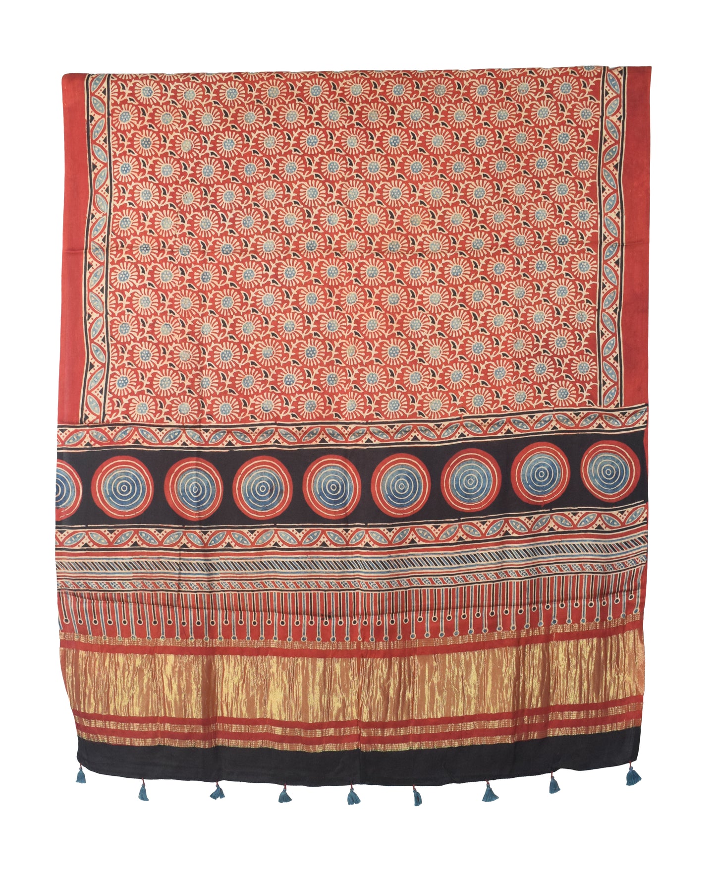 Ajrakh Modal Silk Natural Dye Hand Block Print Dress Material with Golden Border Dupatta - with Tassels - 2.5 Mt Top   -  SKU : AI02501T