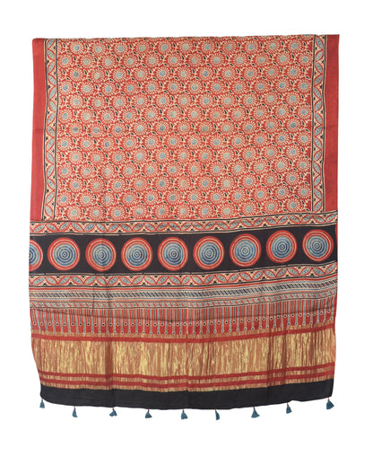 Ajrakh Modal Silk Natural Dye Hand Block Print Dress Material with Golden Border Dupatta - with Tassels - 2.5 Mt Top   -  SKU : AI02501T