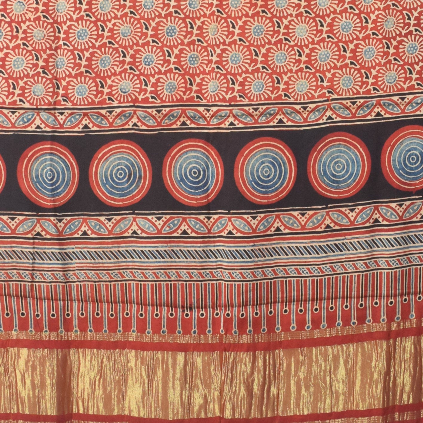 Ajrakh Modal Silk Natural Dye Hand Block Print Dress Material with Golden Border Dupatta - with Tassels - 2.5 Mt Top   -  SKU : AI02501T