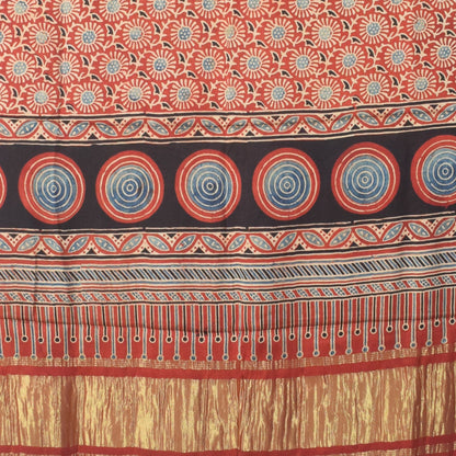 Ajrakh Modal Silk Natural Dye Hand Block Print Dress Material with Golden Border Dupatta - with Tassels - 2.5 Mt Top   -  SKU : AI02501T