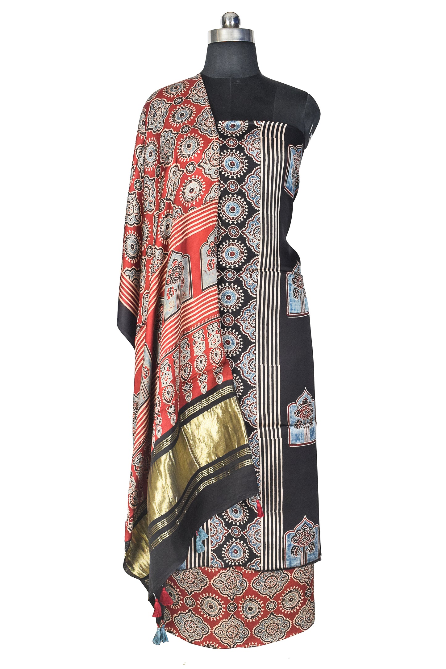 Ajrakh Modal Silk Natural Dye Hand Block Print Dress Material with Golden Border Dupatta - with Tassels - 2.5 Mt Top    -  SKU : AI21B02D