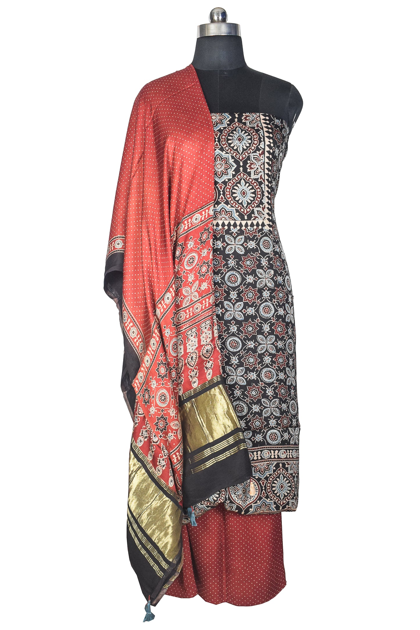 Ajrakh Modal Silk Natural Dye Hand Block Print Dress Material with Golden Border Dupatta - with Tassels - 2.5 Mt Top    -  SKU : AI21B02I