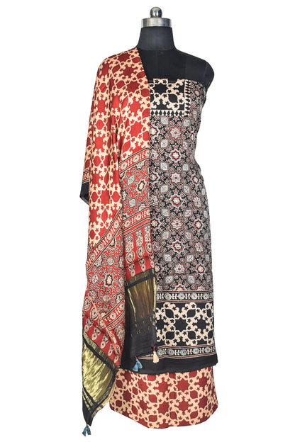 Ajrakh Modal Silk Natural Dye Hand Block Print Dress Material with Golden Border Dupatta - with Tassels - 2.5 Mt Top    -  SKU : AI21B02N