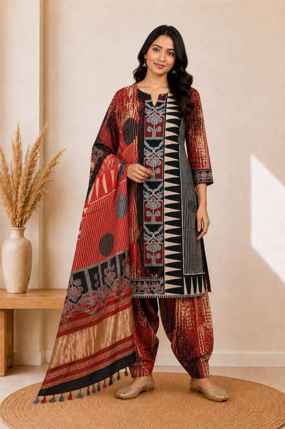 Ajrakh Modal Silk Natural Dye Hand Block Print Dress Material with Golden Border Dupatta - with Tassels - 2.5 Mt Top    -  SKU : AI27A03A