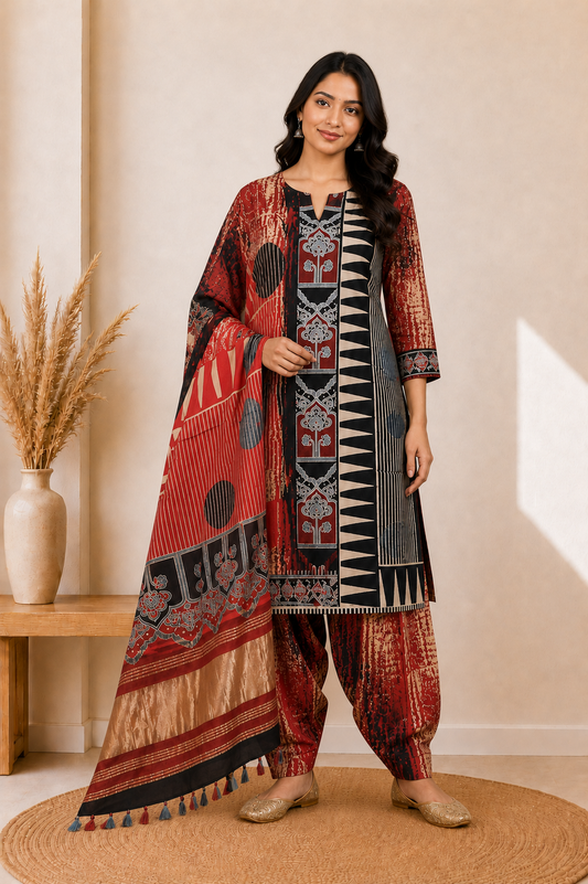 Ajrakh Modal Silk Natural Dye Hand Block Print Dress Material with Golden Border Dupatta - with Tassels - 2.5 Mt Top    -  SKU : AI27A03A