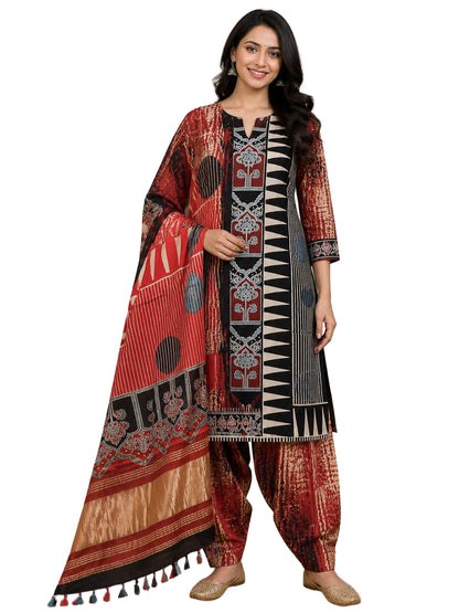 Ajrakh Modal Silk Natural Dye Hand Block Print Dress Material with Golden Border Dupatta - with Tassels - 2.5 Mt Top    -  SKU : AI27A03A