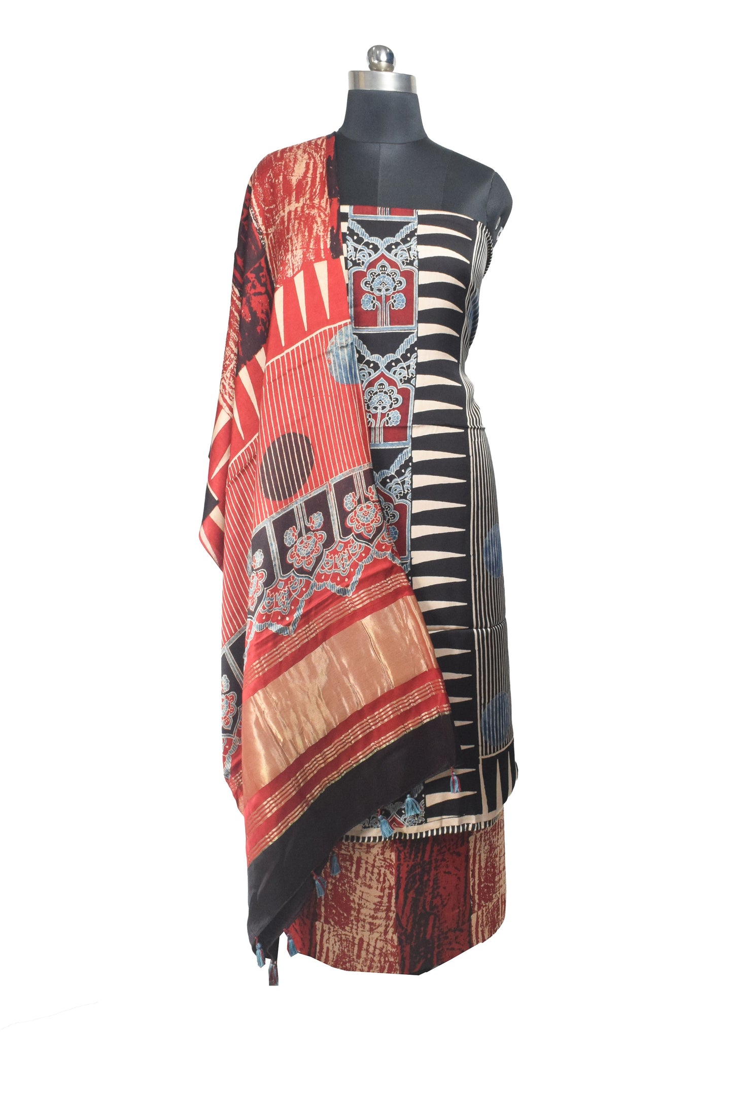 Ajrakh Modal Silk Natural Dye Hand Block Print Dress Material with Golden Border Dupatta - with Tassels - 2.5 Mt Top    -  SKU : AI27A03A