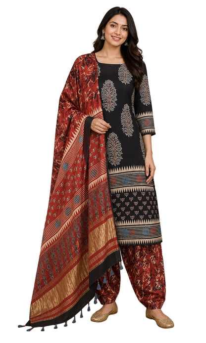 Ajrakh Modal Silk Natural Dye Hand Block Print Dress Material with Golden Border Dupatta - with Tassels - 2.5 Mt Top    -  SKU : AI27A03I
