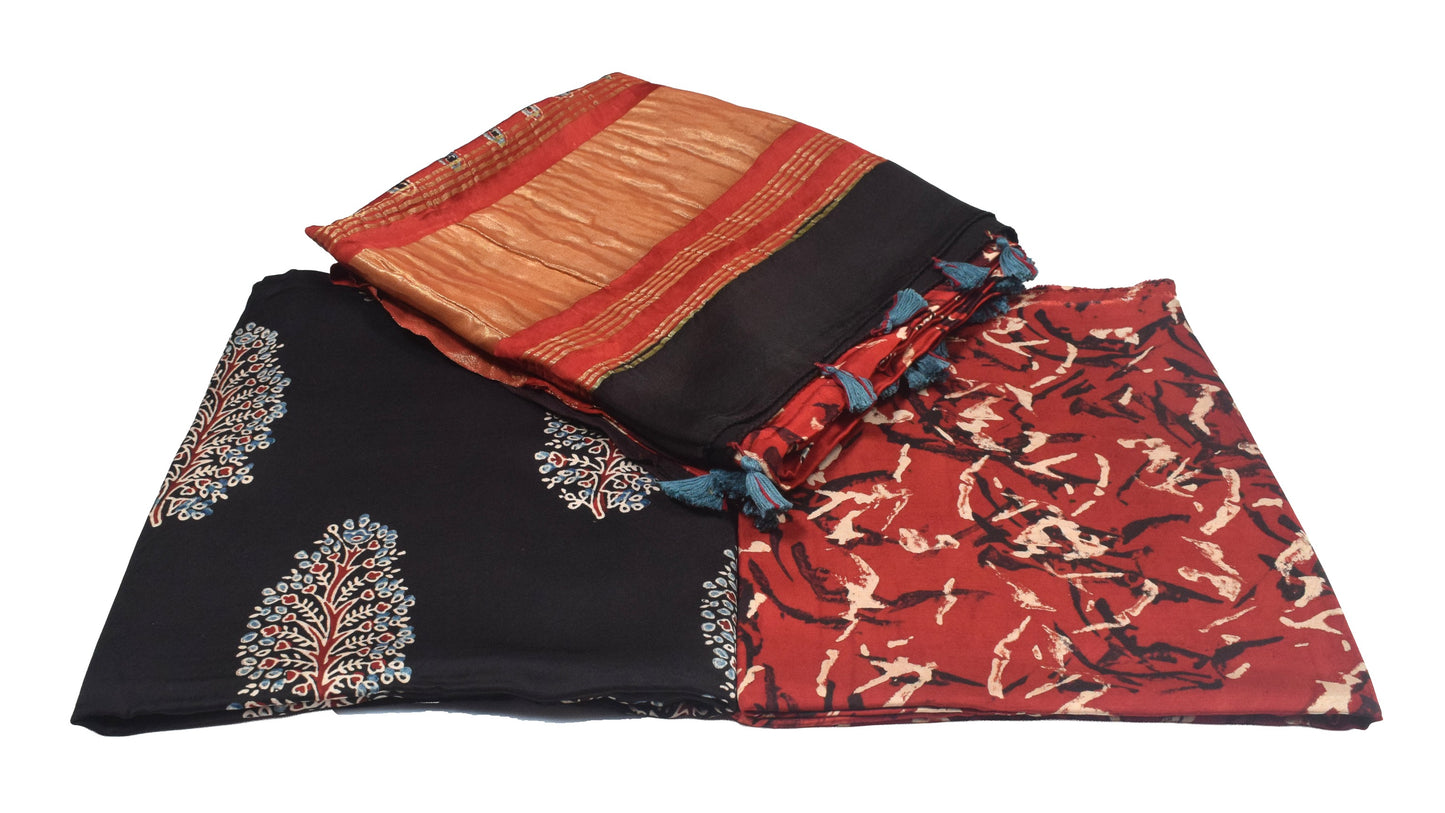 Ajrakh Modal Silk Natural Dye Hand Block Print Dress Material with Golden Border Dupatta - with Tassels - 2.5 Mt Top    -  SKU : AI27A03I