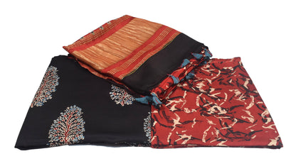 Ajrakh Modal Silk Natural Dye Hand Block Print Dress Material with Golden Border Dupatta - with Tassels - 2.5 Mt Top    -  SKU : AI27A03I