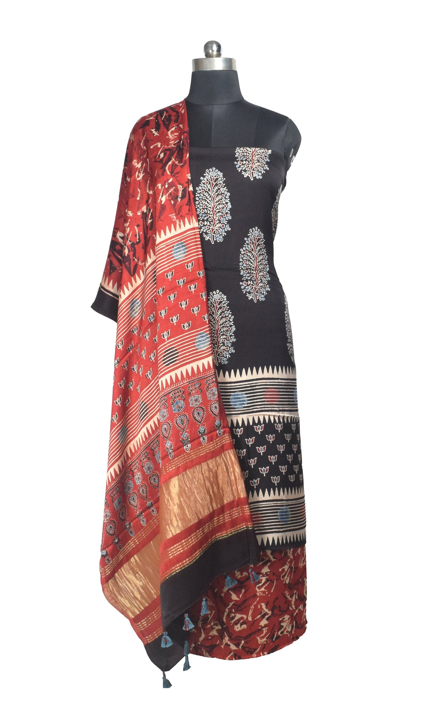 Ajrakh Modal Silk Natural Dye Hand Block Print Dress Material with Golden Border Dupatta - with Tassels - 2.5 Mt Top    -  SKU : AI27A03I