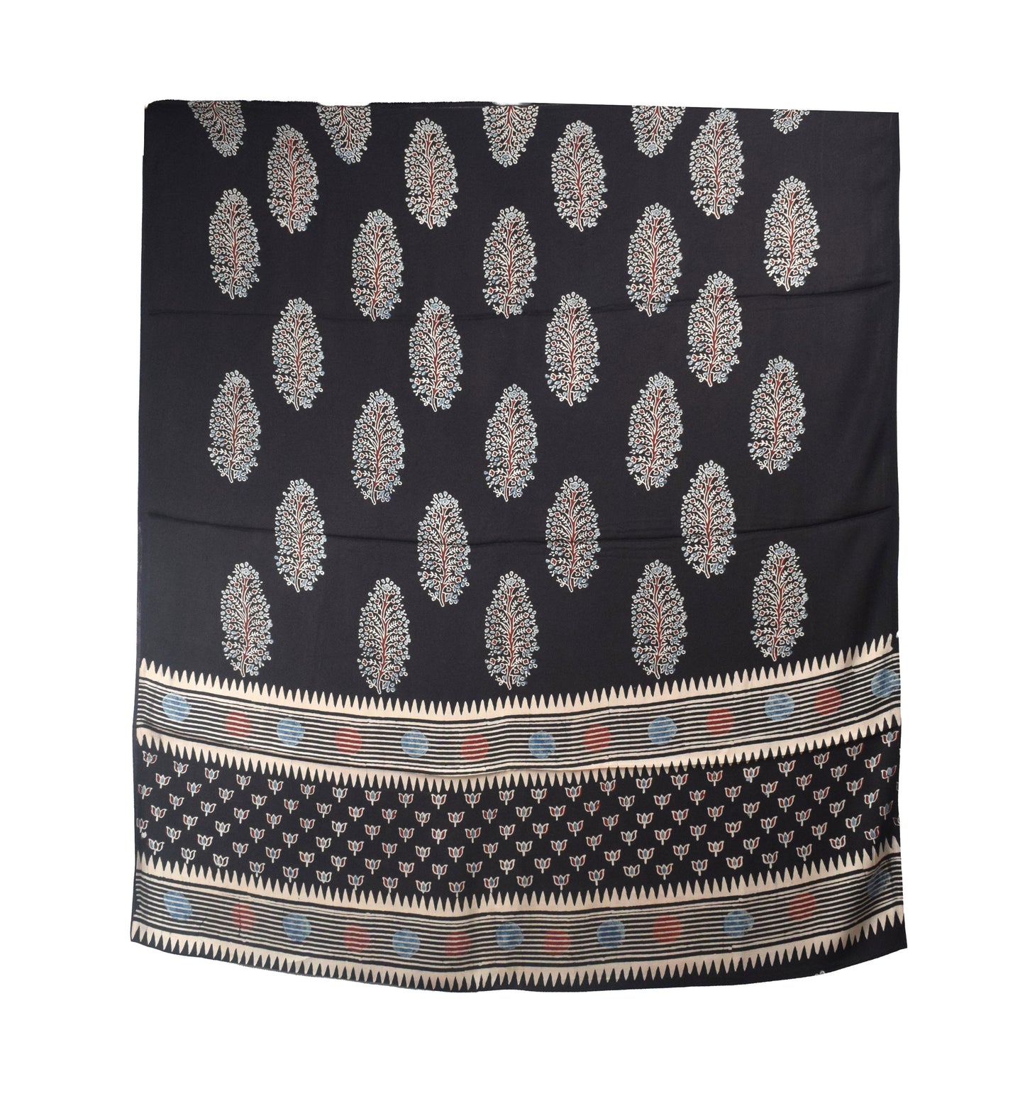 Ajrakh Modal Silk Natural Dye Hand Block Print Dress Material with Golden Border Dupatta - with Tassels - 2.5 Mt Top    -  SKU : AI27A03I