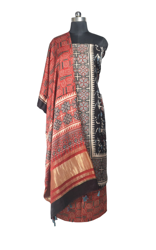 Ajrakh Modal Silk Natural Dye Hand Block Print Dress Material with Golden Border Dupatta - with Tassels - 2.5 Mt Top    -  SKU : AI27A03M