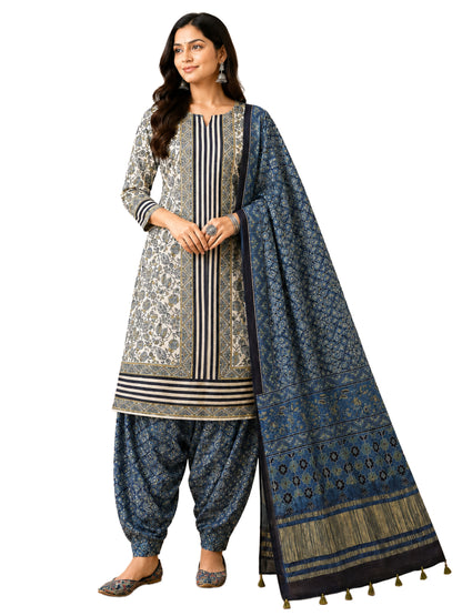 Ajrakh Modal Silk Natural Dye Hand Block Print Dress Material with Golden Border Dupatta - with Tassels - 2.5 Mt Top   -  SKU : AI02501C