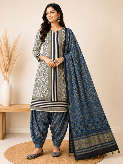 Ajrakh Modal Silk Natural Dye Hand Block Print Dress Material with Golden Border Dupatta - with Tassels - 2.5 Mt Top   -  SKU : AI02501C