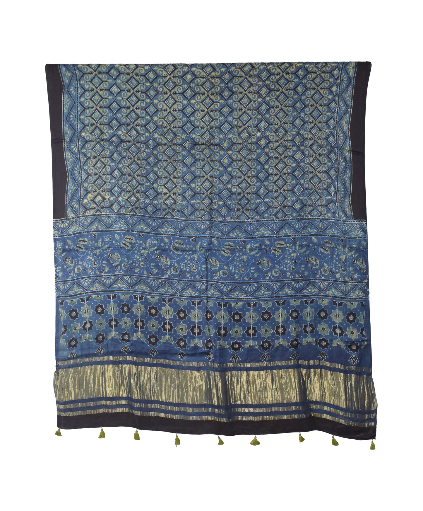 Ajrakh Modal Silk Natural Dye Hand Block Print Dress Material with Golden Border Dupatta - with Tassels - 2.5 Mt Top   -  SKU : AI02501C