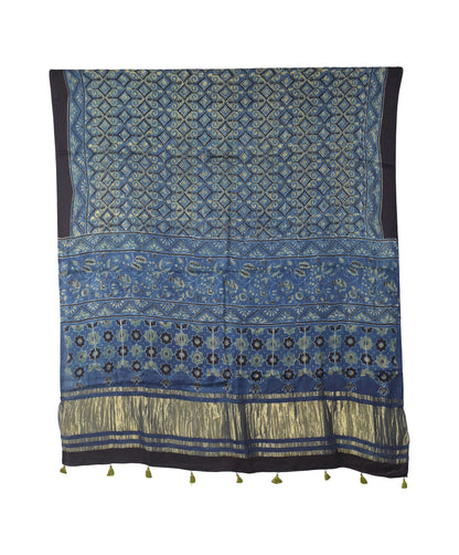 Ajrakh Modal Silk Natural Dye Hand Block Print Dress Material with Golden Border Dupatta - with Tassels - 2.5 Mt Top   -  SKU : AI02501C