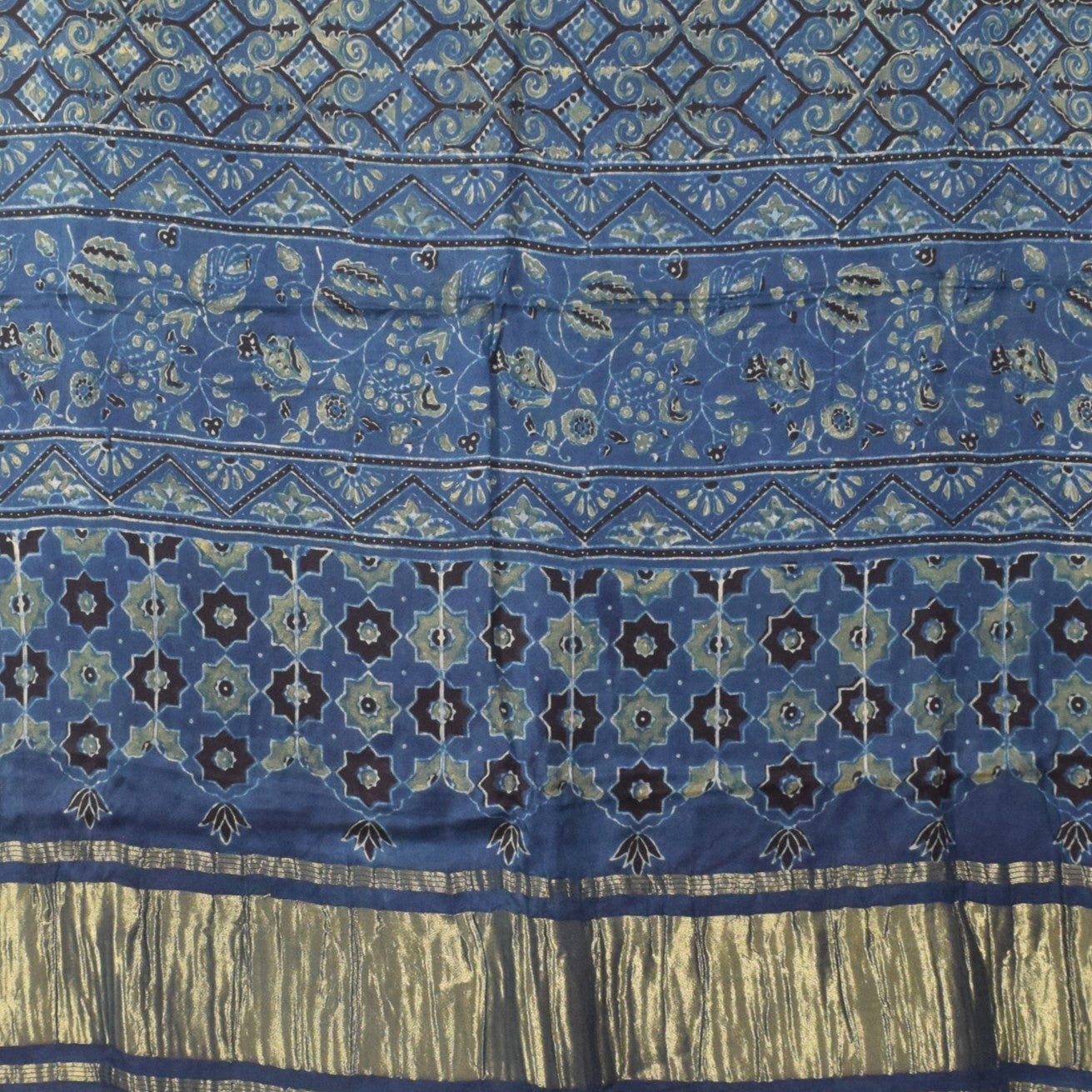 Ajrakh Modal Silk Natural Dye Hand Block Print Dress Material with Golden Border Dupatta - with Tassels - 2.5 Mt Top   -  SKU : AI02501C